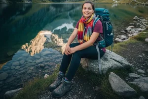 Backpacker sitting by a lake in European mountains