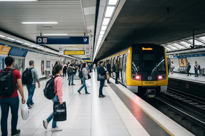 A clean and modern Barcelona Metro platform with a train arriving