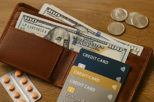 Credit cards and cash in a wallet