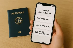Smartphone displaying travel documents