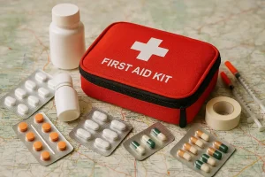 First aid kit and medication on a map