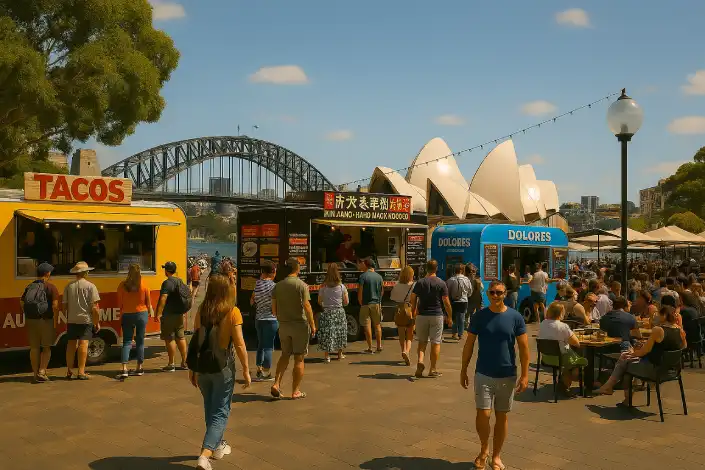 Food trucks at a market in Sydney with diverse meal options