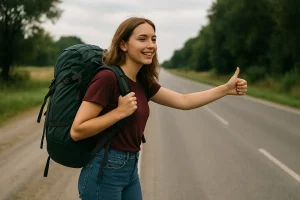 Hitchhiker with backpack on a road
