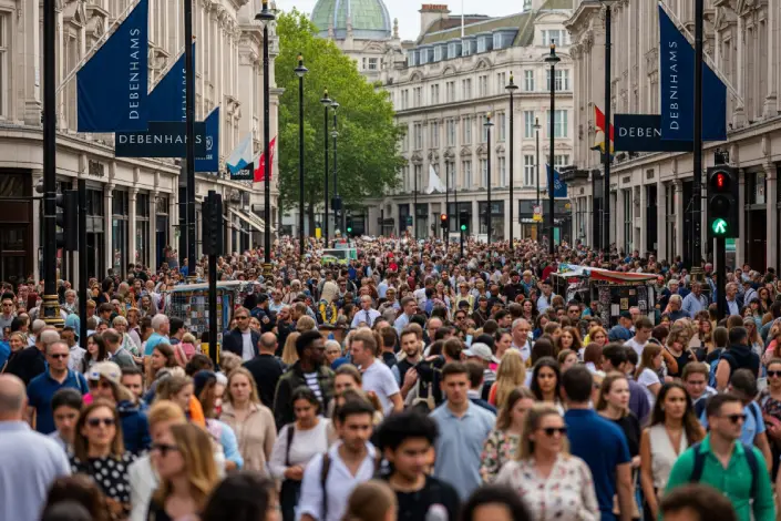 A very crowded Oxford Street, London with many shoppers