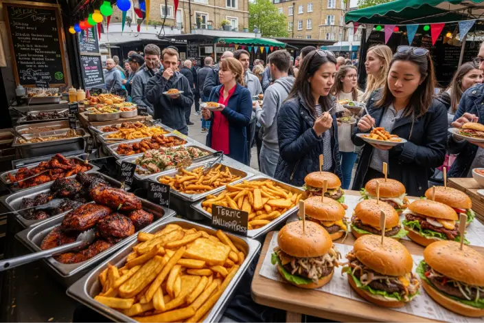 Variety of street food from a London market stall