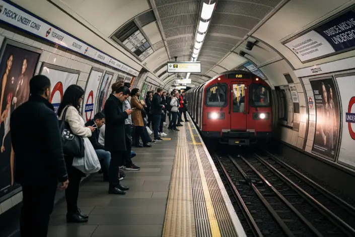 A busy London Underground platform with a train arriving