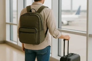 Traveler with a backpack as a personal item