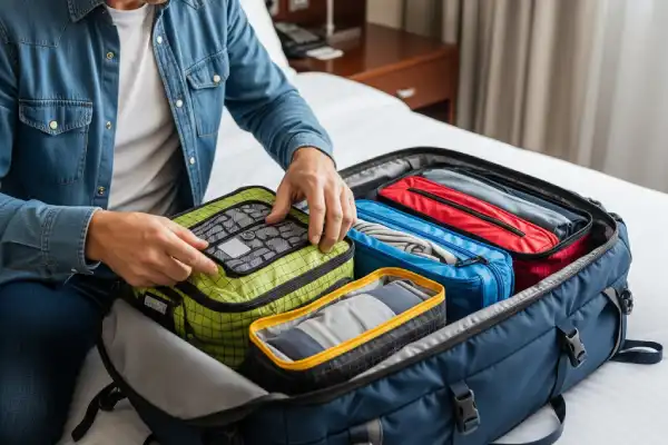 Rolled clothes and packing cubes for light travel