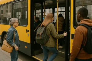 People boarding a public bus safely
