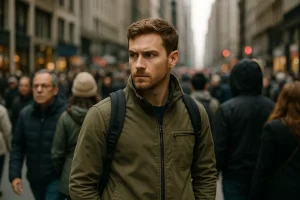 Person looking alert in a crowded street
