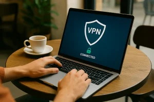 Person using laptop in a cafe with a VPN