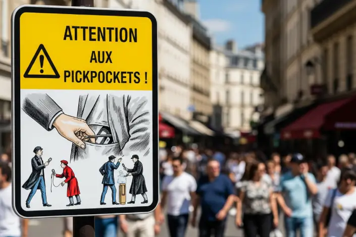 Warning sign for pickpockets in a crowded area
