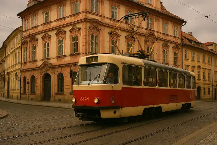 Historic tram passing by a building in Prague