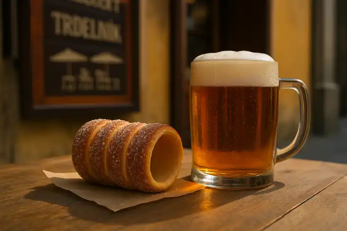Traditional Czech Trdelník street food and a local beer