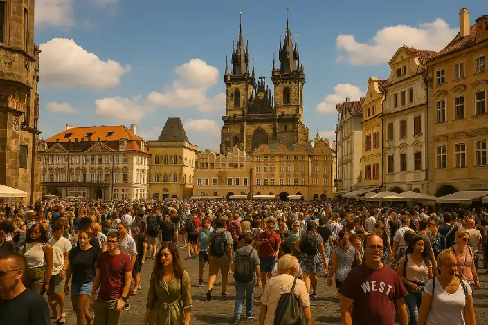 A very crowded Old Town Square in Prague with many tourists