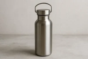 Stainless steel reusable water bottle on a textured background, emphasizing durability and eco-friendliness