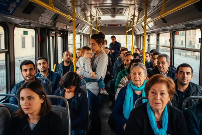 Inside a crowded Roman bus with passengers