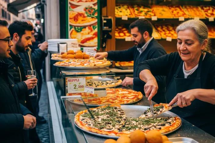 Authentic Roman pizza al taglio and suppli
