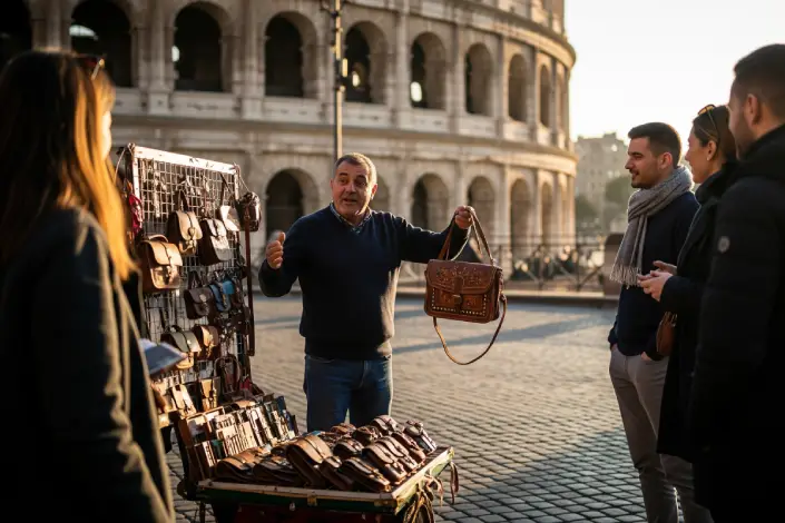 Street vendor attempting to sell items to tourists near a landmark