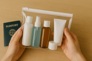 Travel-sized toiletries in a clear bag
