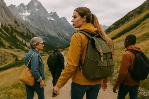 Solo female traveler hiking in mountains