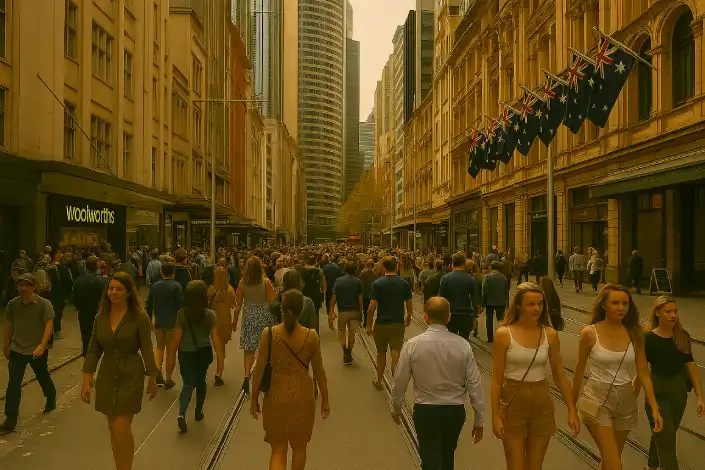 A busy street in Sydney CBD with many pedestrians