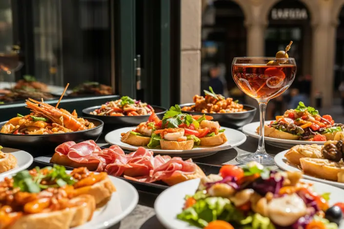 Assortment of fresh tapas dishes and a glass of vermouth on a table