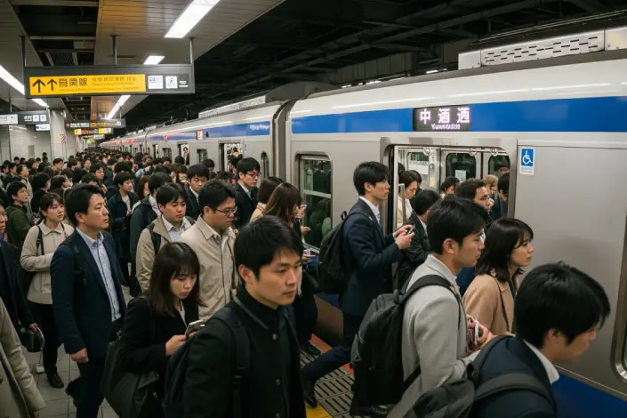 A crowded but orderly Tokyo Metro platform with a train approaching