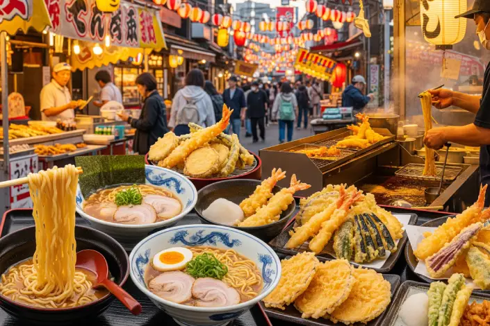 Variety of Japanese street food, including ramen and tempura