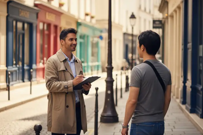 Person on street approaching tourist with a clipboard
