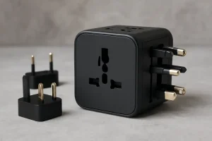 A universal travel adapter with various interchangeable plugs visible, ready for international use