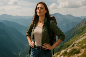 Woman standing on a mountain peak looking at a stunning landscape, symbolizing solo adventure.