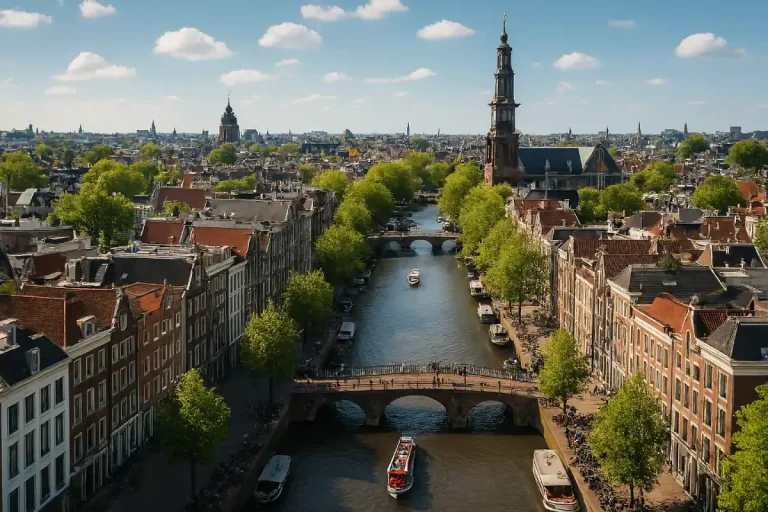A photo of a typical Amsterdam canal with bicycles and historic houses