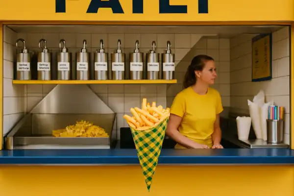 A photo of a classic Dutch fries stand with various sauces.