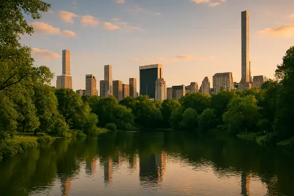 A beautiful view of Central Park with the city skyline in the background.