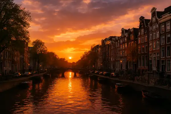 A beautiful sunset view over an Amsterdam canal.