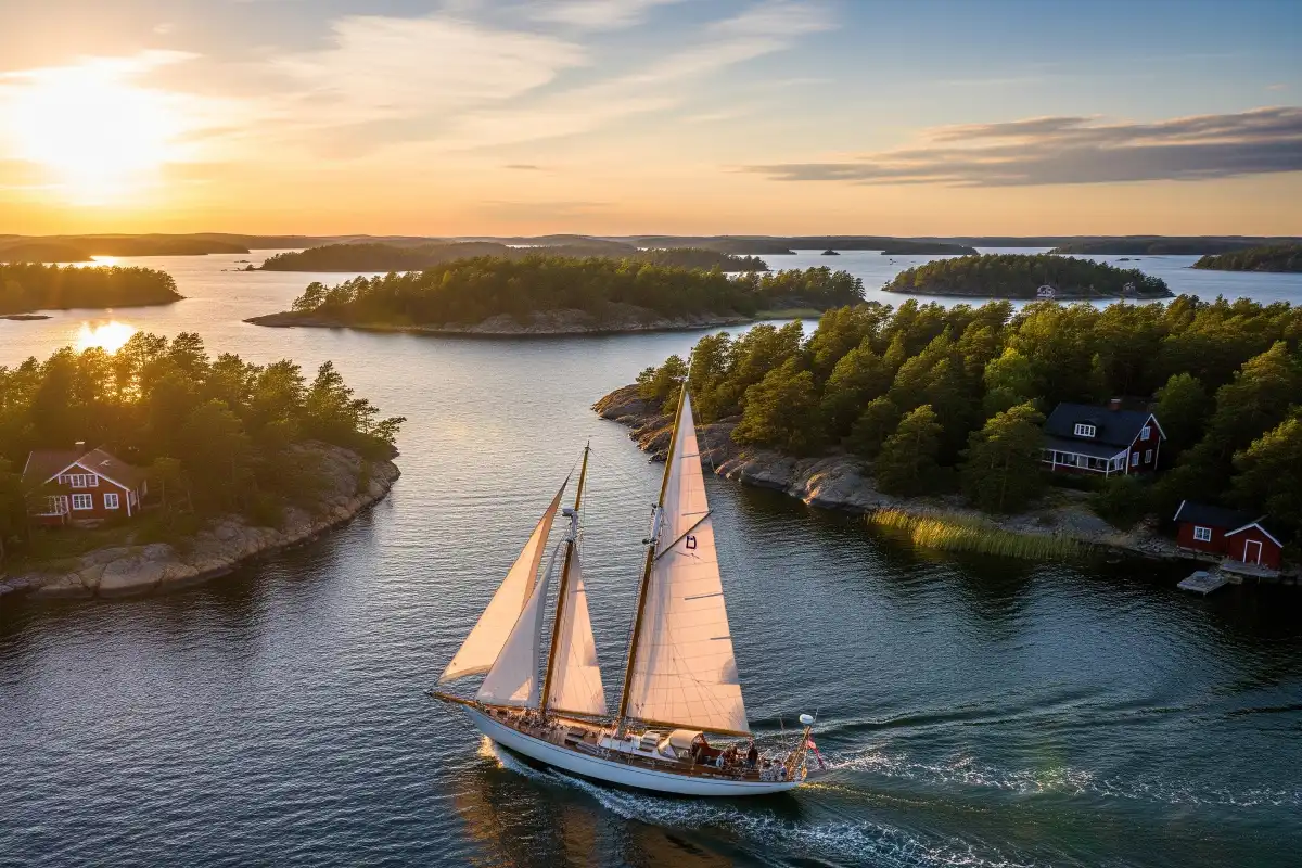 A photo of a boat sailing through the beautiful Stockholm archipelago.