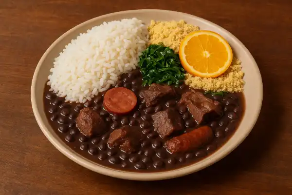A plate of traditional Brazilian food (Feijoada) with a side of rice and farofa