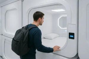 A clean, futuristic capsule hotel pod with a person looking inside, symbolizing a unique and efficient lodging experience