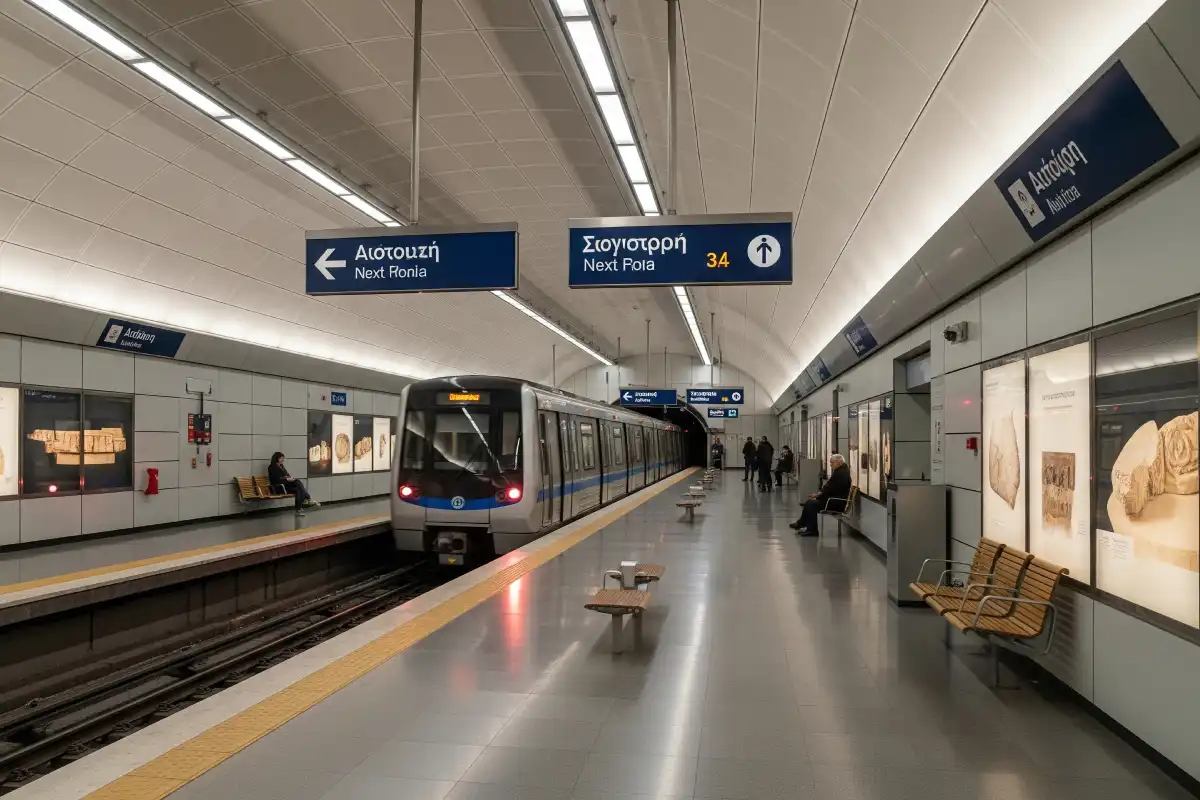 A photo of a clean and modern Athens Metro station.