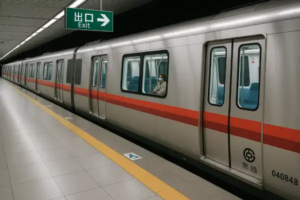 A photo of a clean and modern Beijing Metro station.