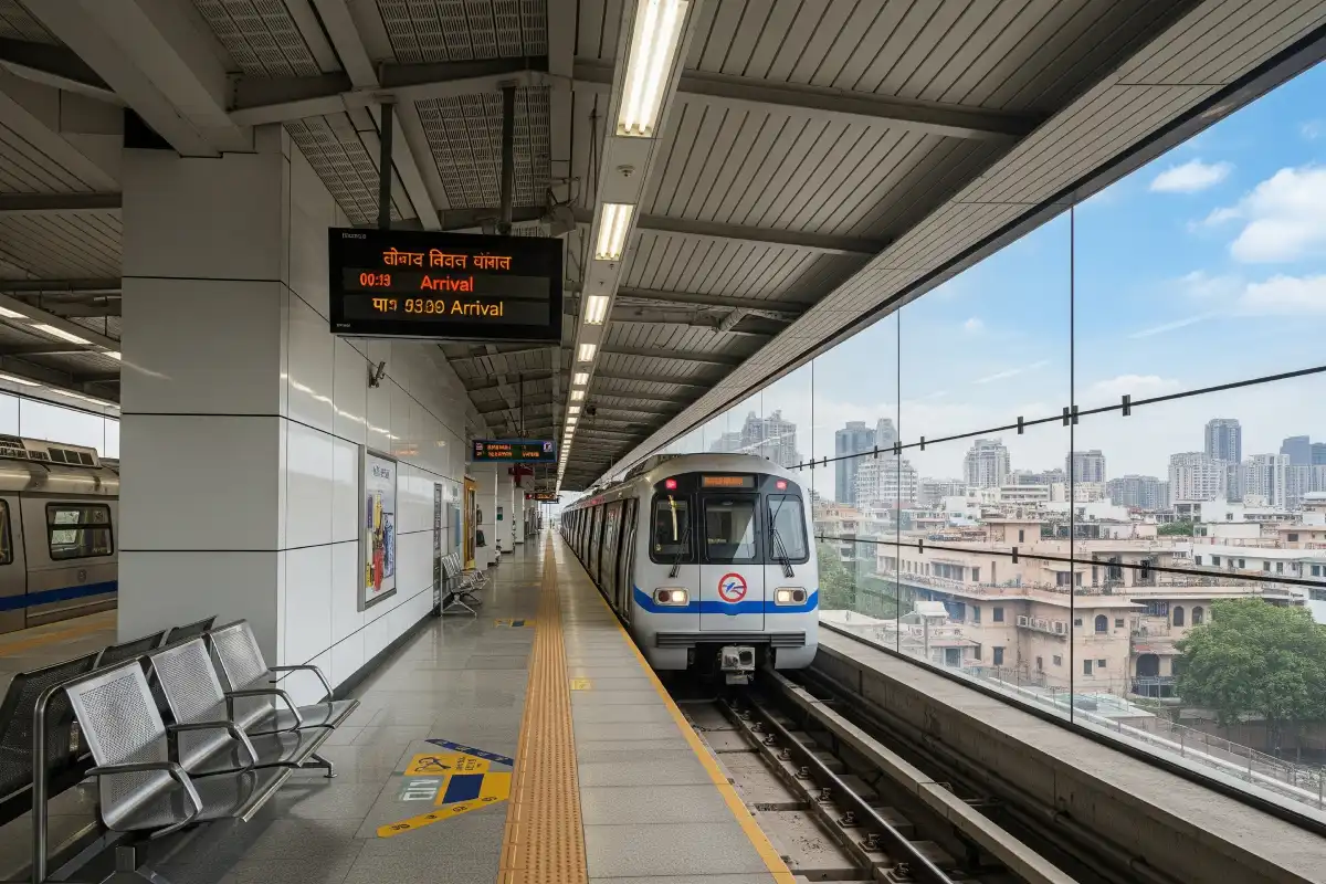 A photo of a clean and modern Delhi Metro station with a train arriving.