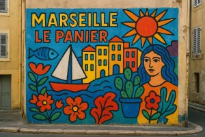 A photo of a colorful mural on a wall in Marseille's Le Panier district