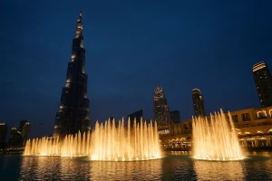 A photo of the Dubai Fountain show with the Burj Khalifa in the background