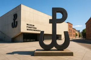 The exterior of the Warsaw Rising Museum with a large anchor symbol in front