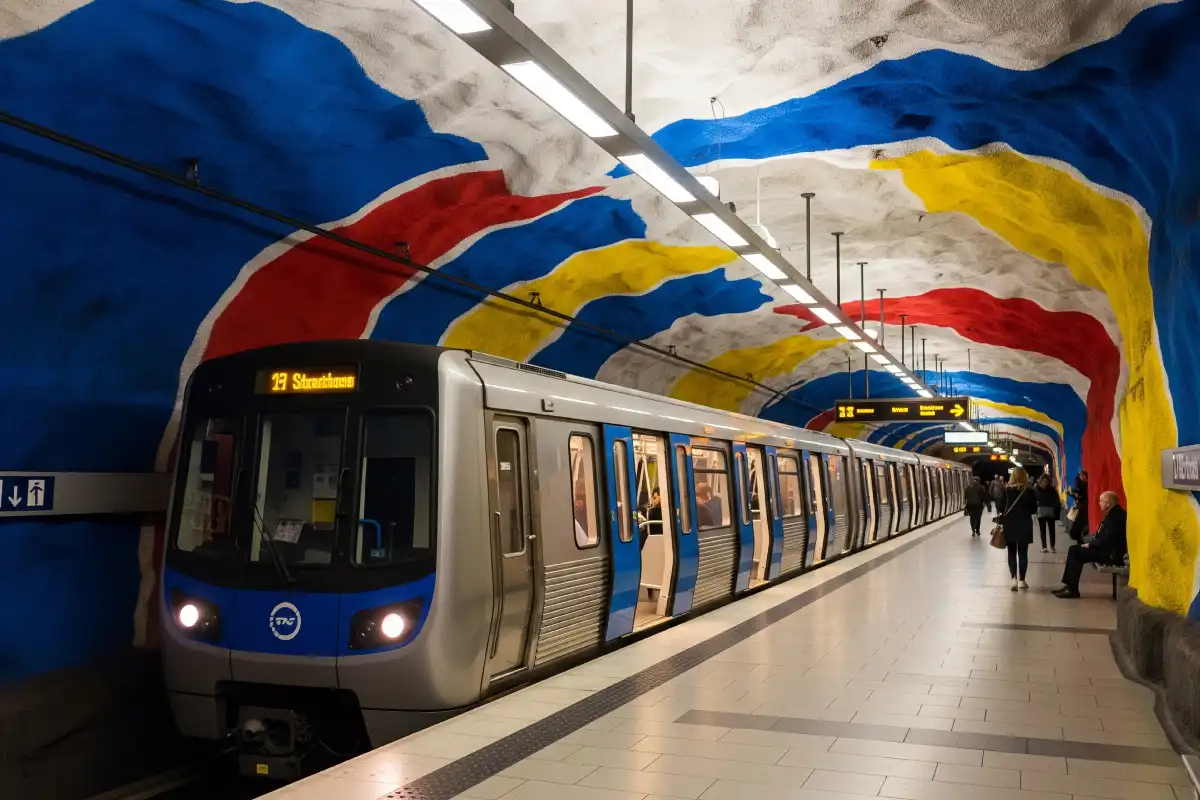 A photo of the famous art on a Stockholm Metro station wall.