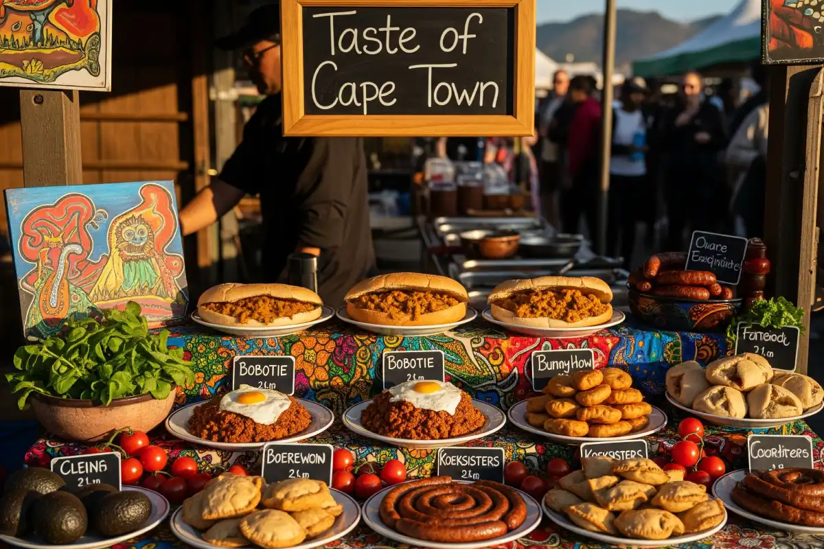 A photo of a food market stall in Cape Town with local dishes.