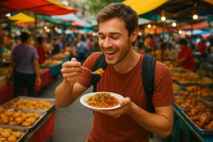 A vibrant, bustling food market with a person trying a local dish, symbolizing the joy of affordable culinary discovery