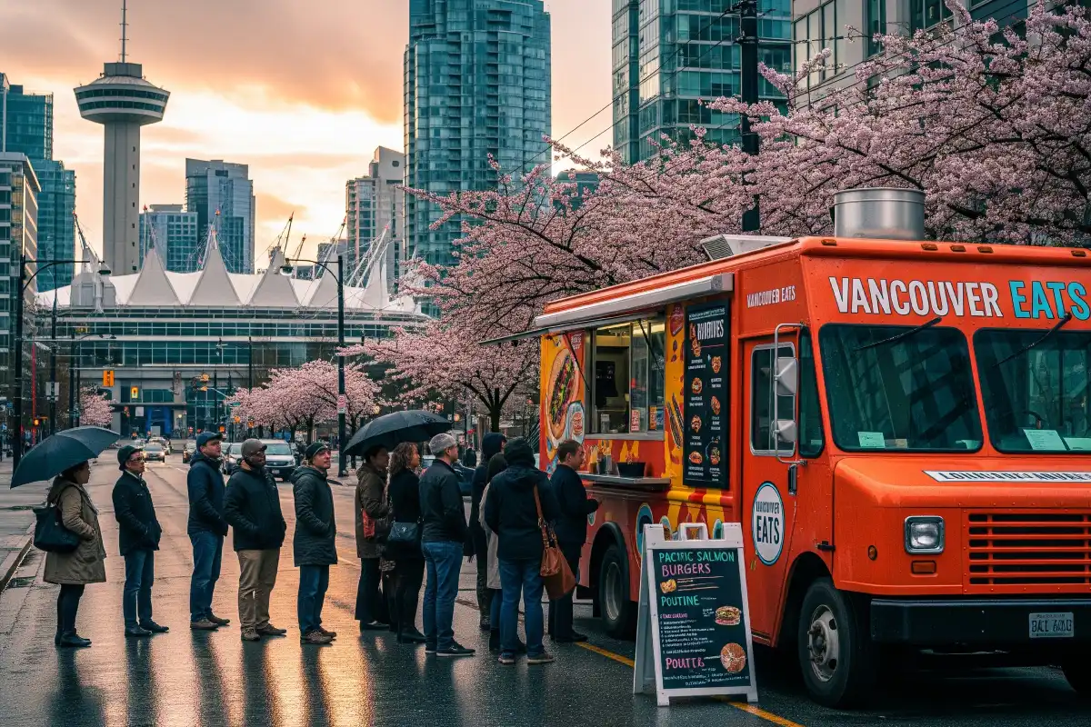 A photo of a food truck in Vancouver with a queue of people waiting.