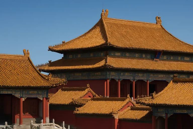 A photo of the Forbidden City's historic roofs under a clear blue sky